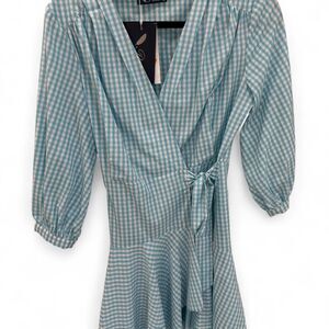 NWT Poeta $255 Women's Blue and White Gingham Wrap Dress